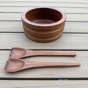 Vintage MCM Teak Wood Salad Bowl with Matching Fork & Spoon Servers 3 Piece Set
